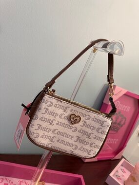 Juicy Couture Beige Monogram Mini Shoulder Bag with Brown Trim